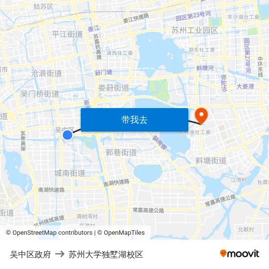 吴中区政府 to 苏州大学独墅湖校区 map
