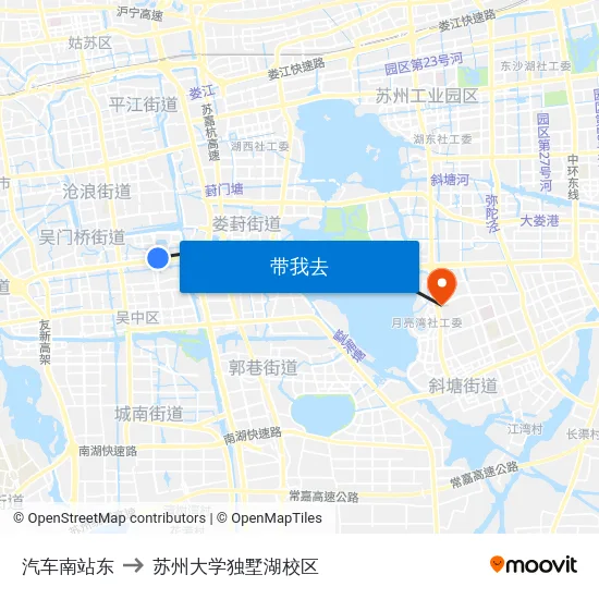 汽车南站东 to 苏州大学独墅湖校区 map