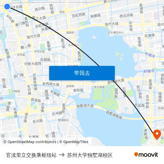 官渎里立交换乘枢纽站 to 苏州大学独墅湖校区 map