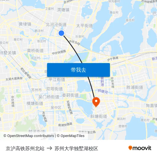 京沪高铁苏州北站 to 苏州大学独墅湖校区 map
