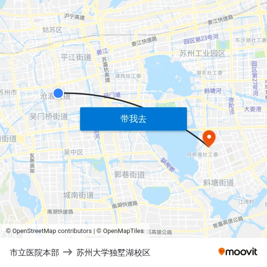市立医院本部 to 苏州大学独墅湖校区 map