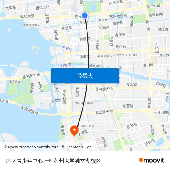园区青少年中心 to 苏州大学独墅湖校区 map