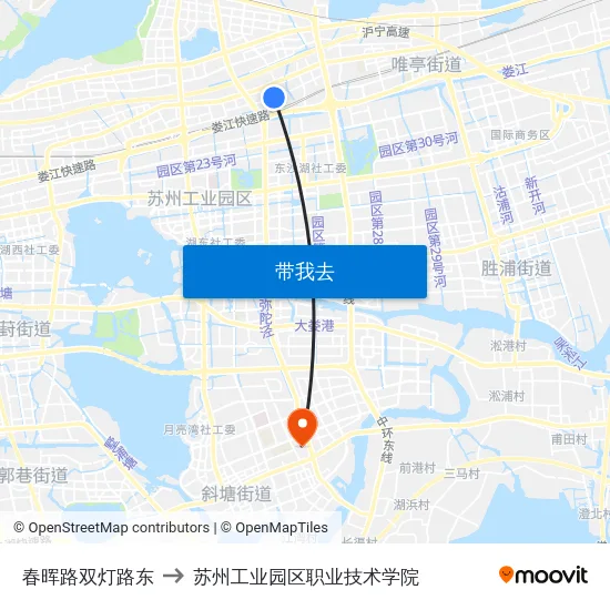 春晖路双灯路东 to 苏州工业园区职业技术学院 map