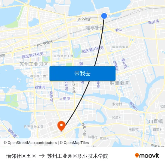 怡邻社区五区 to 苏州工业园区职业技术学院 map
