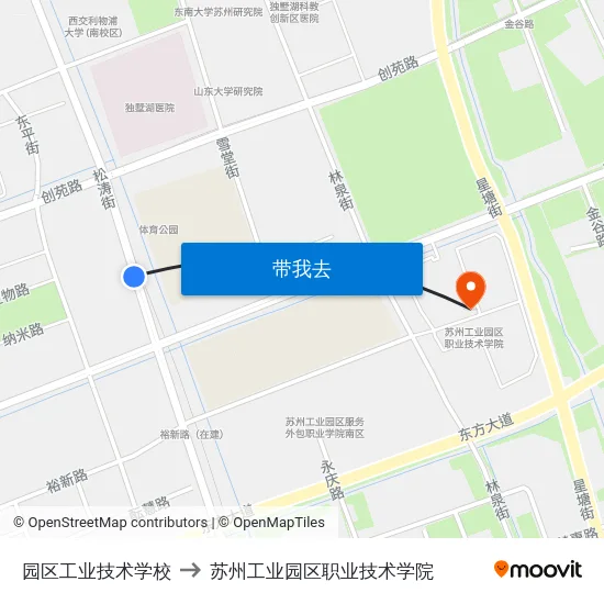 园区工业技术学校 to 苏州工业园区职业技术学院 map
