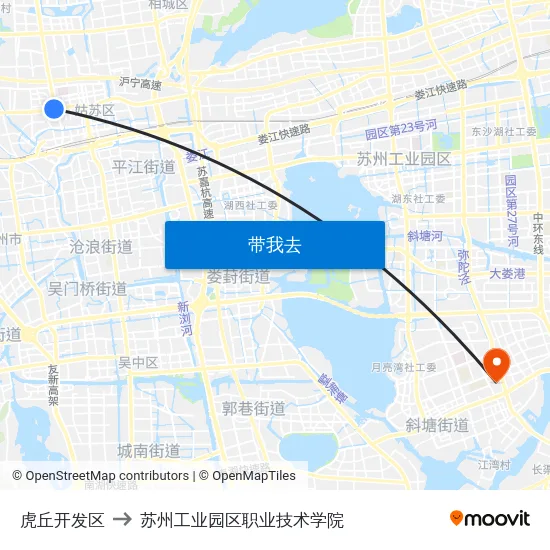 虎丘开发区 to 苏州工业园区职业技术学院 map