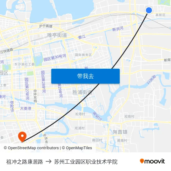 祖冲之路康居路 to 苏州工业园区职业技术学院 map