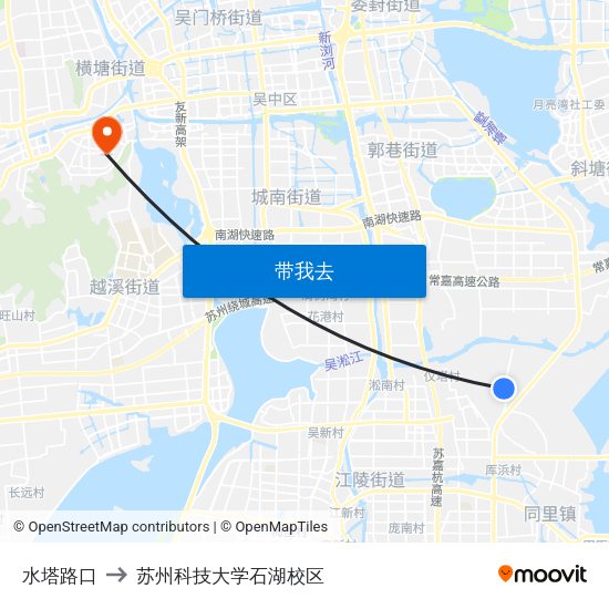水塔路口 to 苏州科技大学石湖校区 map
