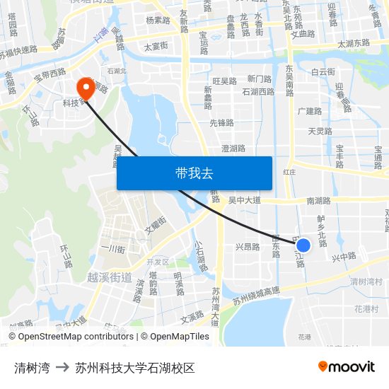 清树湾 to 苏州科技大学石湖校区 map