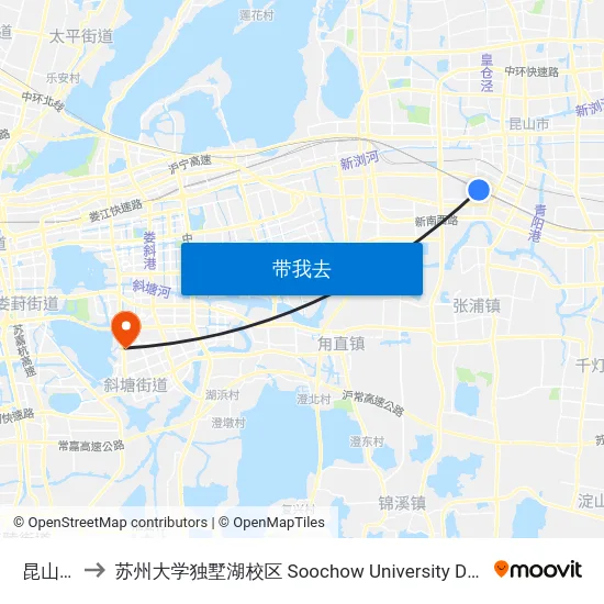 昆山南站 to 苏州大学独墅湖校区 Soochow University Dushu Lake Campus map