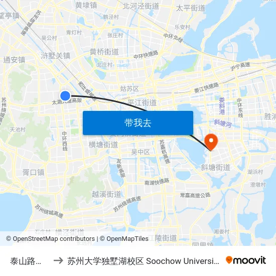 泰山路珠江路西 to 苏州大学独墅湖校区 Soochow University Dushu Lake Campus map