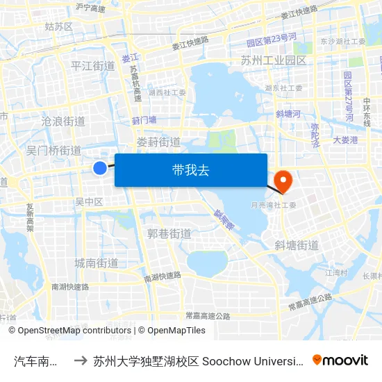 汽车南站客运站 to 苏州大学独墅湖校区 Soochow University Dushu Lake Campus map