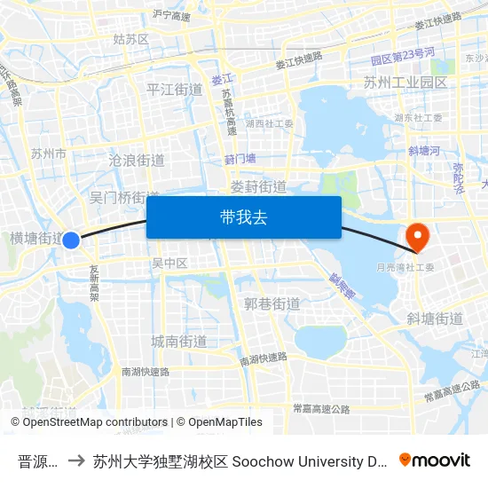 晋源桥东 to 苏州大学独墅湖校区 Soochow University Dushu Lake Campus map