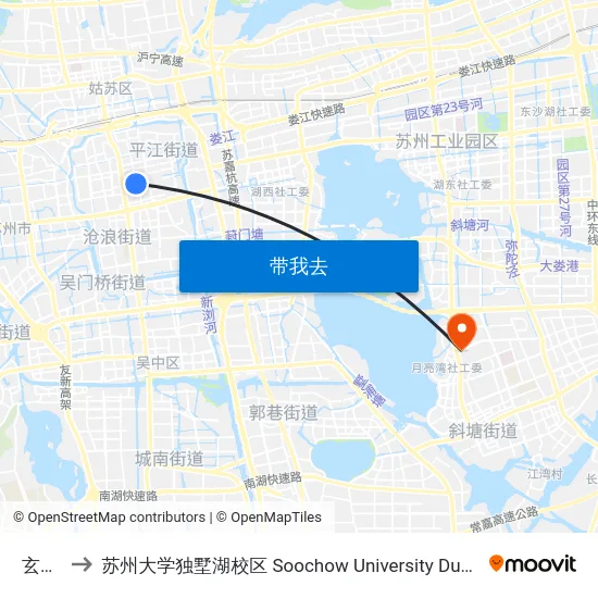 玄妙观 to 苏州大学独墅湖校区 Soochow University Dushu Lake Campus map