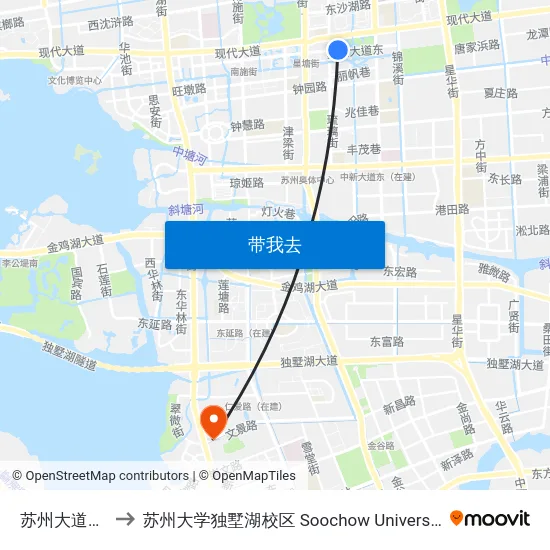 苏州大道东琉璃街 to 苏州大学独墅湖校区 Soochow University Dushu Lake Campus map