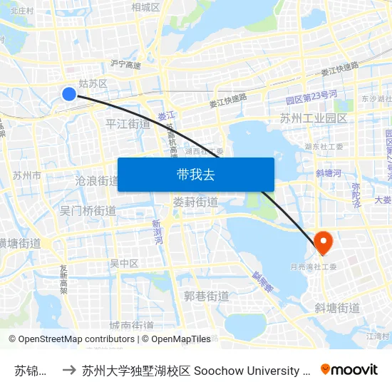 苏锦二村东 to 苏州大学独墅湖校区 Soochow University Dushu Lake Campus map