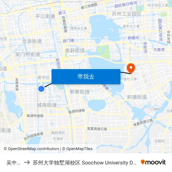 吴中商城 to 苏州大学独墅湖校区 Soochow University Dushu Lake Campus map