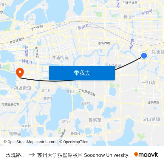玫瑰路云雀路 to 苏州大学独墅湖校区 Soochow University Dushu Lake Campus map