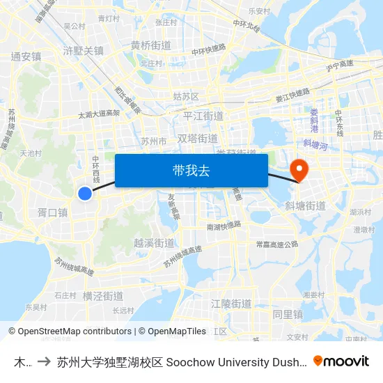 木渎 to 苏州大学独墅湖校区 Soochow University Dushu Lake Campus map