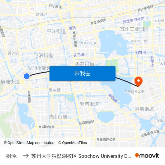 桐泾公园 to 苏州大学独墅湖校区 Soochow University Dushu Lake Campus map