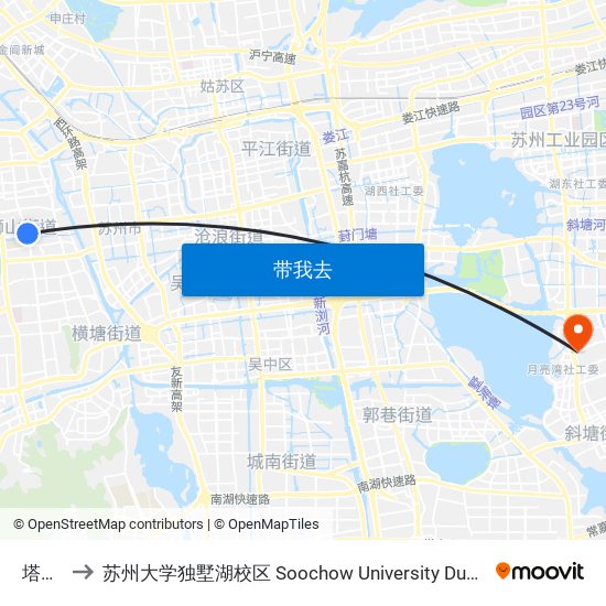 塔园路 to 苏州大学独墅湖校区 Soochow University Dushu Lake Campus map