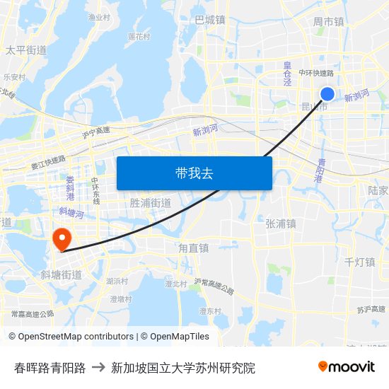 春晖路青阳路 to 新加坡国立大学苏州研究院 map