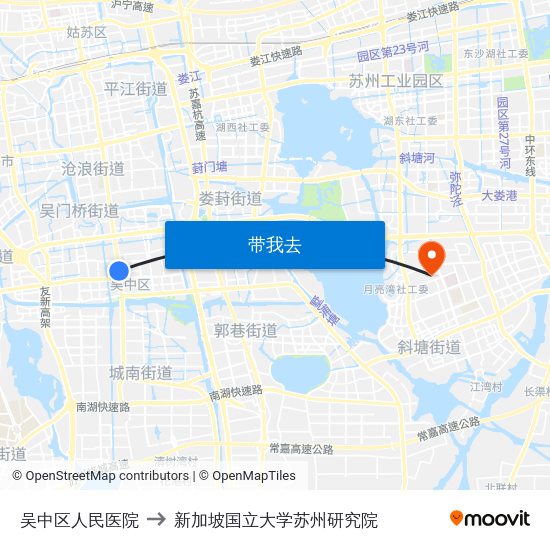 吴中区人民医院 to 新加坡国立大学苏州研究院 map