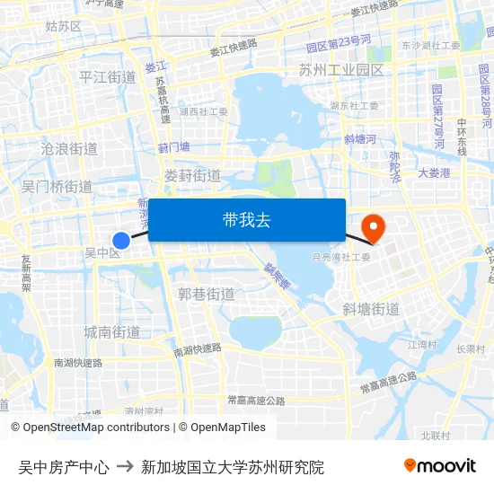 吴中房产中心 to 新加坡国立大学苏州研究院 map