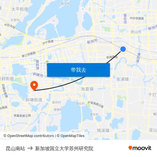 昆山南站 to 新加坡国立大学苏州研究院 map