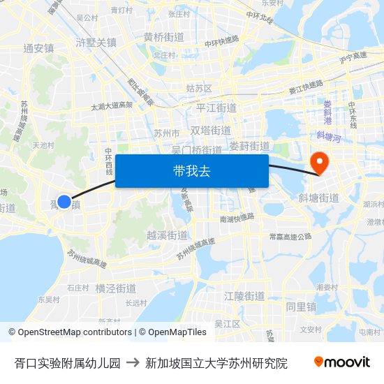 胥口实验附属幼儿园 to 新加坡国立大学苏州研究院 map