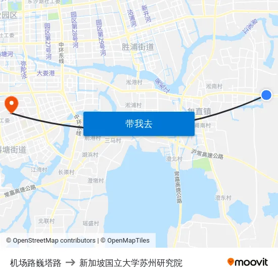 机场路巍塔路 to 新加坡国立大学苏州研究院 map