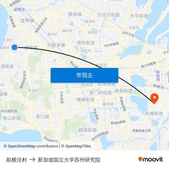 前横泾村 to 新加坡国立大学苏州研究院 map