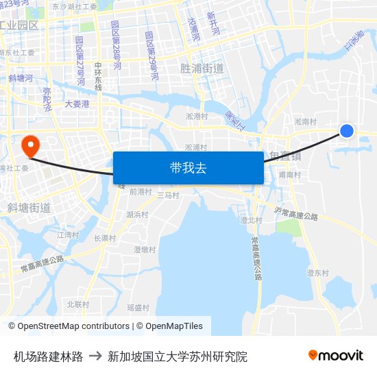 机场路建林路 to 新加坡国立大学苏州研究院 map