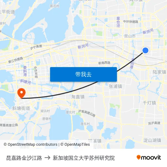 昆嘉路金沙江路 to 新加坡国立大学苏州研究院 map