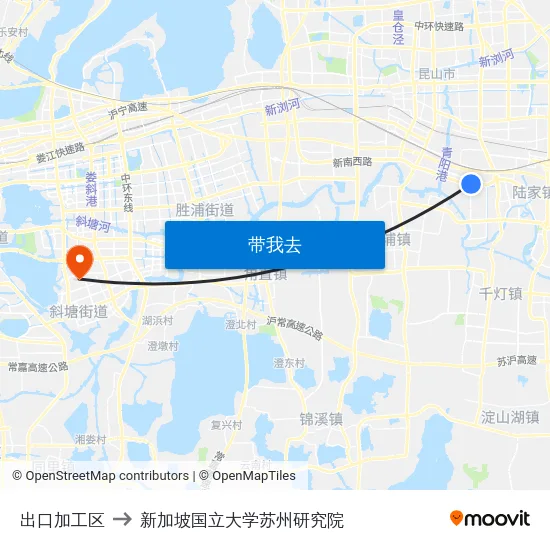 出口加工区 to 新加坡国立大学苏州研究院 map