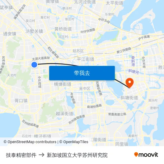 技泰精密部件 to 新加坡国立大学苏州研究院 map