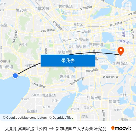 太湖湖滨国家湿世公园 to 新加坡国立大学苏州研究院 map