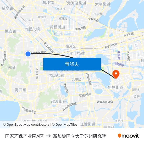 国家环保产业园A区 to 新加坡国立大学苏州研究院 map