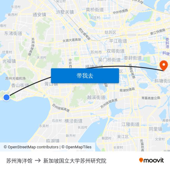 苏州海洋馆 to 新加坡国立大学苏州研究院 map