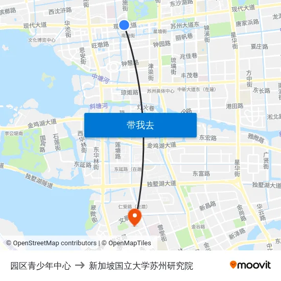 园区青少年中心 to 新加坡国立大学苏州研究院 map