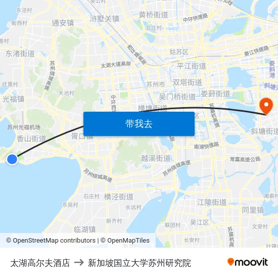 太湖高尔夫酒店 to 新加坡国立大学苏州研究院 map