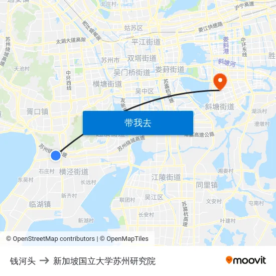 钱河头 to 新加坡国立大学苏州研究院 map