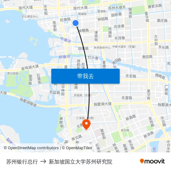 苏州银行总行 to 新加坡国立大学苏州研究院 map