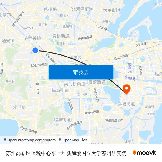 苏州高新区保税中心东 to 新加坡国立大学苏州研究院 map