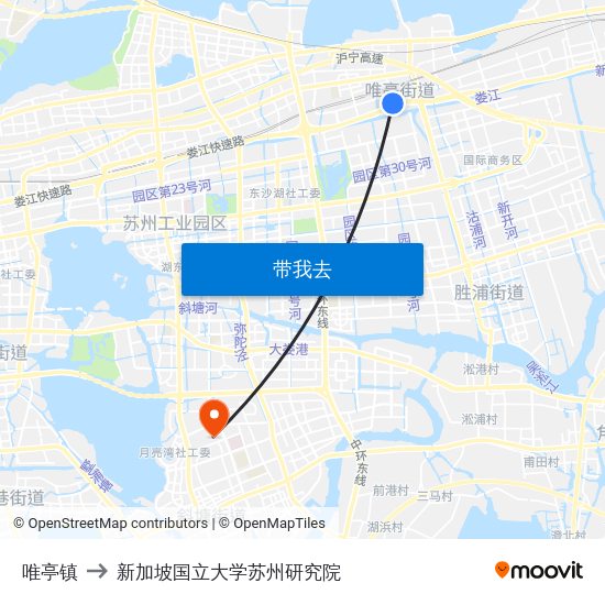 唯亭镇 to 新加坡国立大学苏州研究院 map