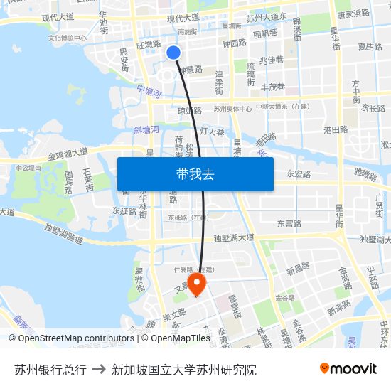 苏州银行总行 to 新加坡国立大学苏州研究院 map