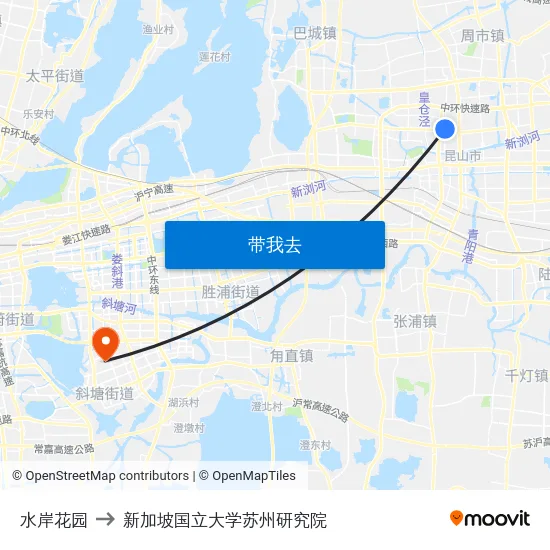 水岸花园 to 新加坡国立大学苏州研究院 map
