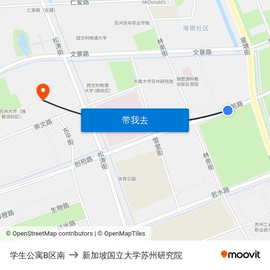 学生公寓B区南 to 新加坡国立大学苏州研究院 map