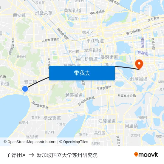 子胥社区 to 新加坡国立大学苏州研究院 map