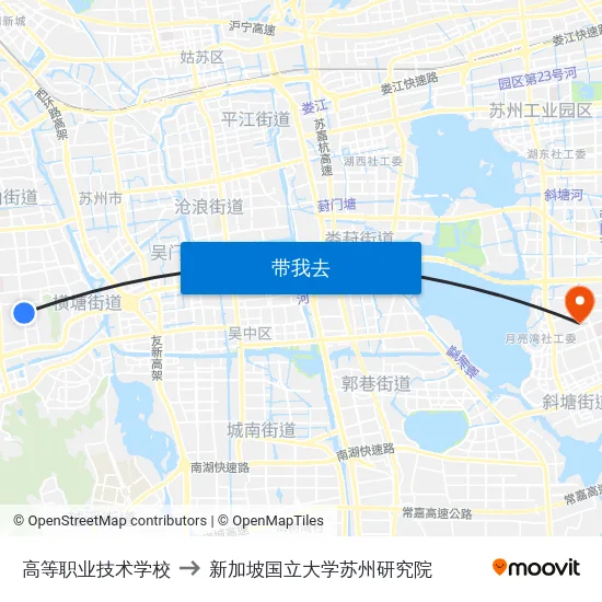 高等职业技术学校 to 新加坡国立大学苏州研究院 map